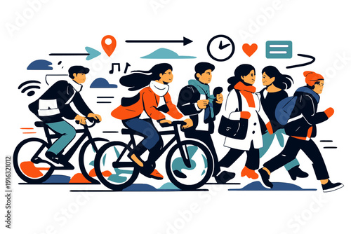 Urban Winter Commuters . Urban Commute In Warm Winter . People cycling and walking through city streets