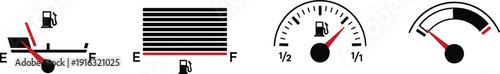 Fuel gauge and gas level indicator set, empty to full meter icons for automotive dashboard and energy monitoring, vector illustration
