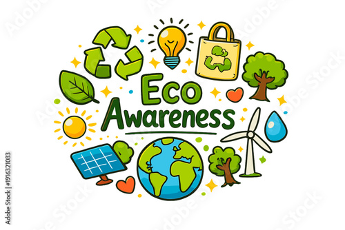 Eco Awareness Doodle Eco Awareness Hand drawn doodle illustration of Eco Awareness Recycle symbol green leaf