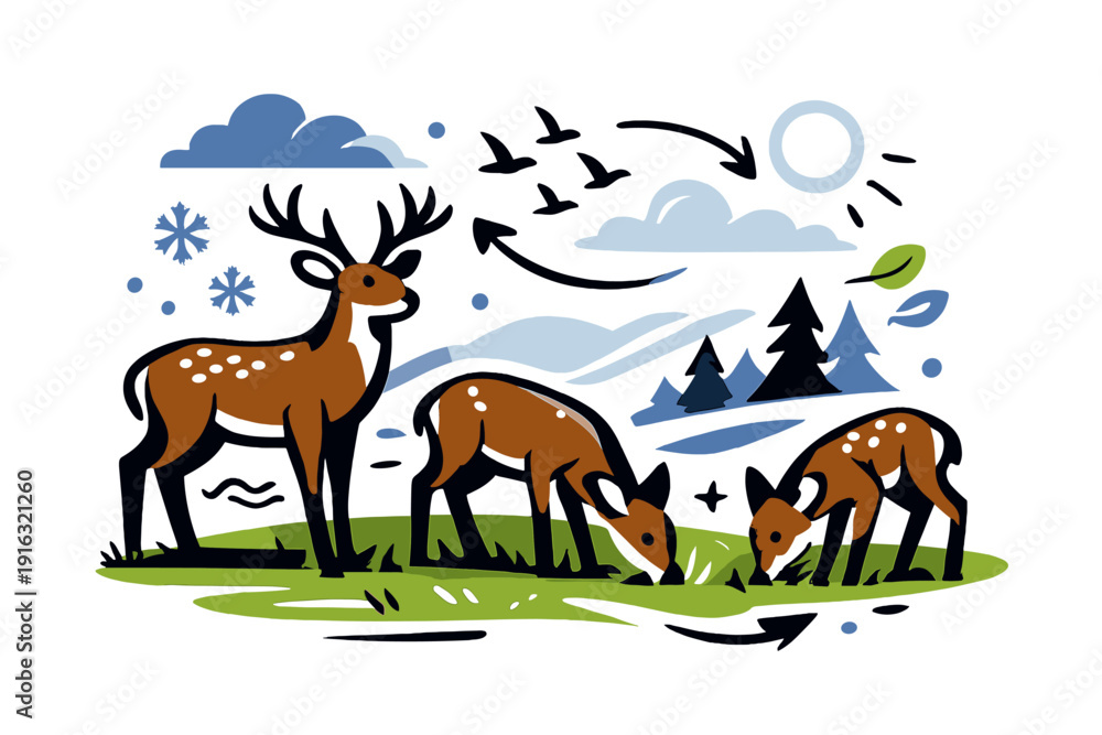 Fototapeta premium Deer in Snowless Winter . Animals Adapting to Snowless Winters . Deer foraging on green fields under gray