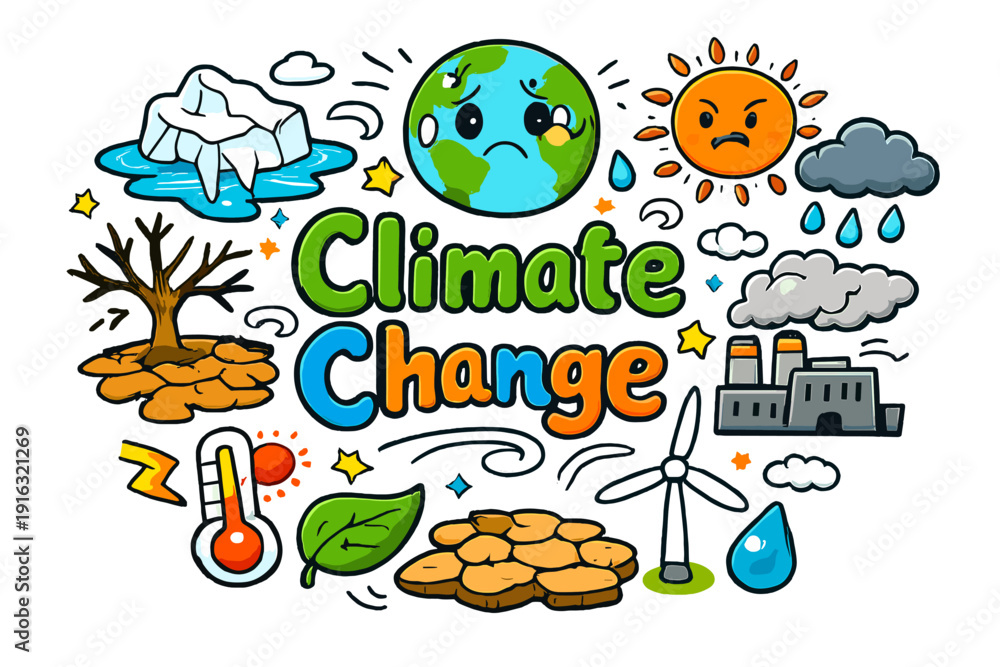 Fototapeta premium Vibrant Climate Change Icons Climate Change Hand drawn doodle illustration of Climate Change Melting iceberg