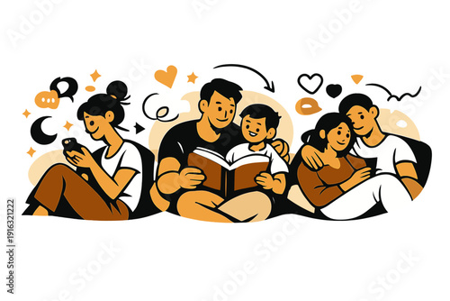 Evening Unwind. Evening Quiet. Time with phones, books, or family. Slow emotional unwind. Modern flat vector