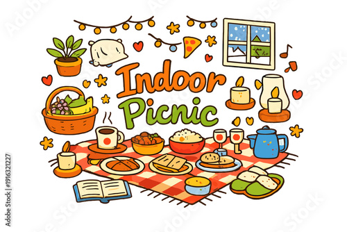 Cozy Indoor Picnic Indoor Picnic Hand drawn doodle illustration of Indoor Picnic Picnic blanket snacks fruit