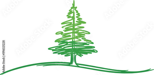 Hand drawn green pine tree doodle, minimalist Christmas fir sketch on hill, eco nature logo design template, vector illustration