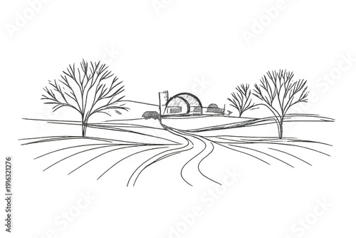 Minimalist Winter Countryside Mild Winter Countryside Minimalist icon one line drawing farmland with bare