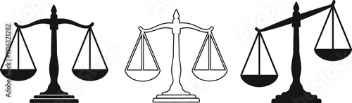 Justice scales icon set, balanced and unbalanced law balance symbols for legal system, court, attorney and judiciary design, vector illustration