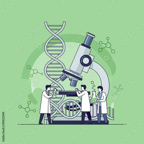Scientists studying DNA structure with microscope and test tube, biotechnology research concept