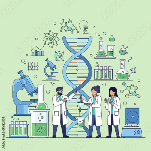 Scientists studying DNA structure and molecular biology in a modern laboratory