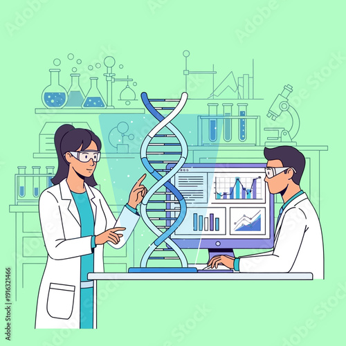 Scientists analyze DNA helix and data on computer in modern laboratory