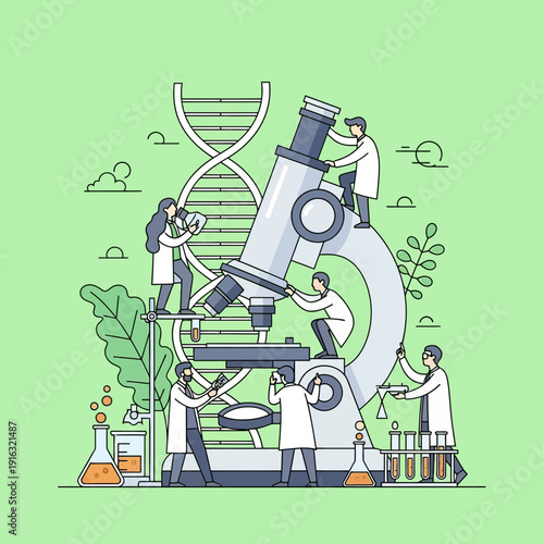 Scientists Researching DNA Structure with Giant Microscope and Lab Equipment