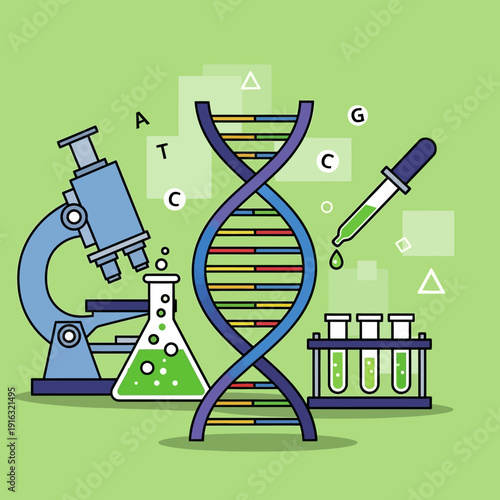 DNA helix, microscope, test tubes, and flask with green liquid on green background