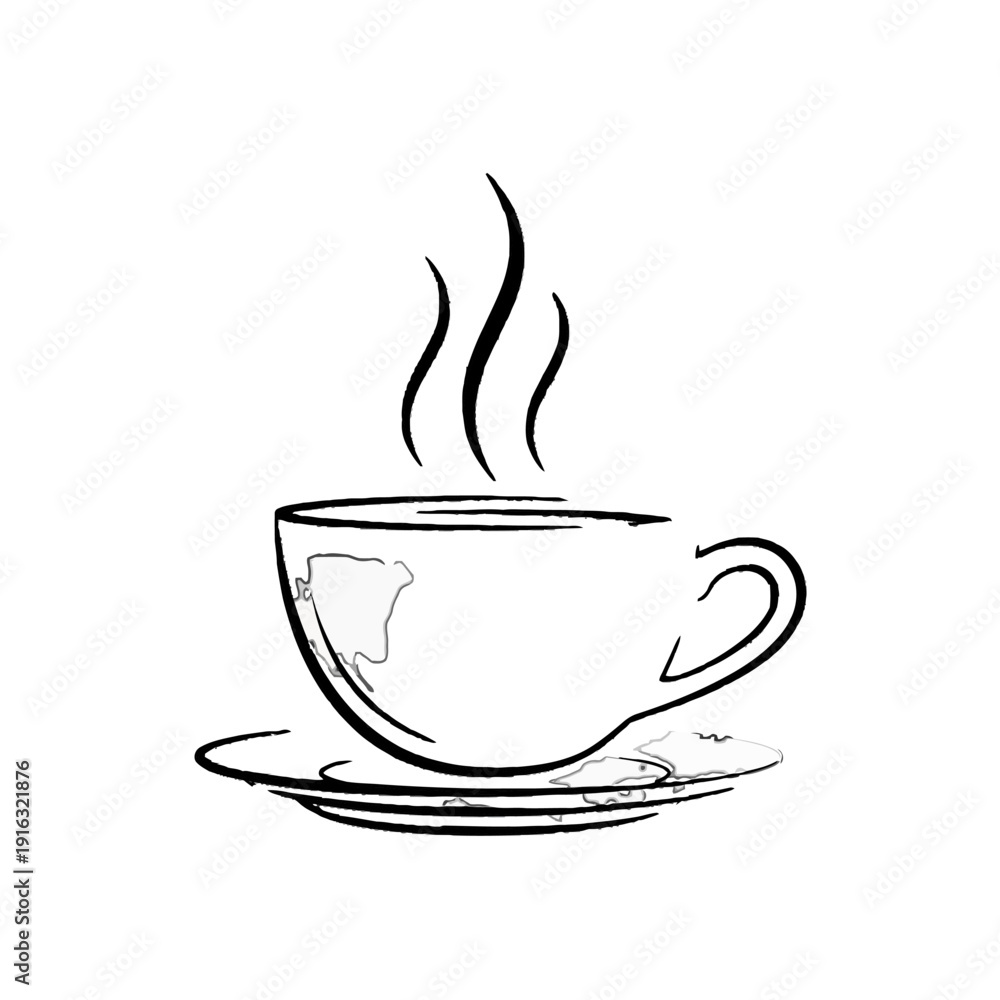 Fototapeta premium Hand Drawn Outline Steaming Cup of Hot Coffee or Tea, Cozy Morning Drink Concept on Isolated White Background