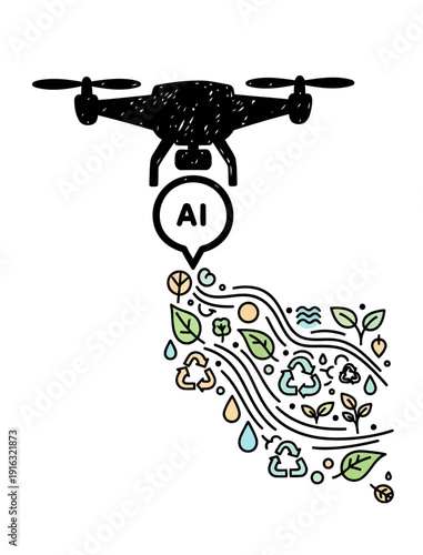 Drone hovers with AI speech bubble over winding path