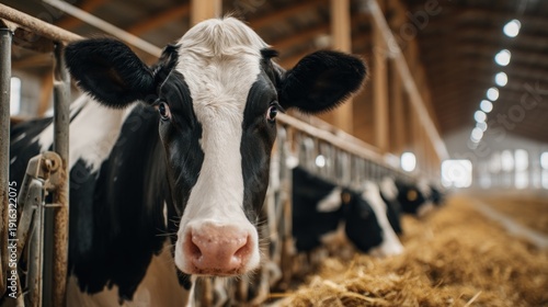 Dairy cow portrait in farm stable with others close up view farming concept