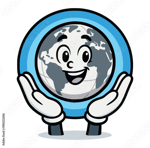 World in Hand: a charming cartoon globe figure cradled gently within two hands, symbolizing care for the planet. conveying the message of protecting and cherishing Earth.
