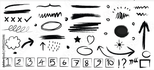 Hand-Drawn Black Ink Brushstroke Elements Set: Minimalist Scribbles, Arrows, Shapes, and Numbered Boxes for Graphic Design