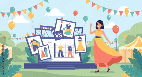 Fashion faceoff A woman judges outfits in a vibrant outdoor setting.