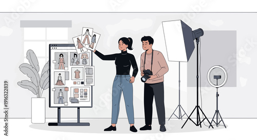 Fashion team reviewing designs in a photography studio setting.