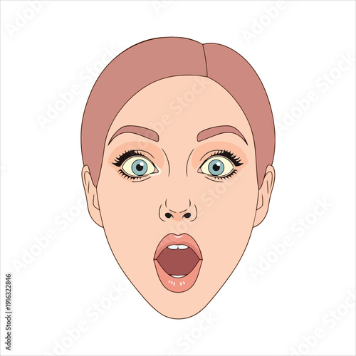 A cartoon woman's face with an open mouth and wide eyes looking directly at the viewer with a surprised expression