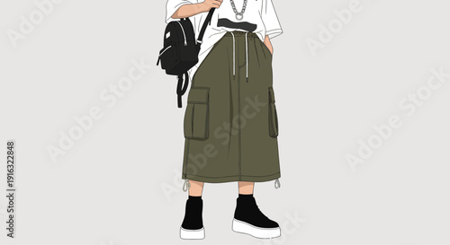 Fashionable woman in stylish outfit with backpack and boots.