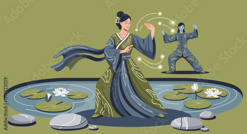 Tai Chi Masters Practicing Near a Lotus Pond.