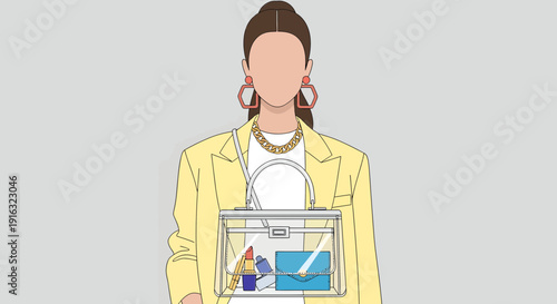 Stylish Woman in Yellow Blazer Holding a Transparent Bag.