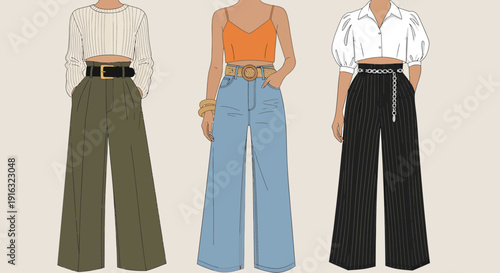 Three Fashionable Outfits Featuring WideLeg Pants and Cropped Tops.