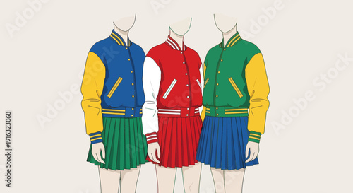 Three Mannequins Displaying Colorful Varsity Jackets and Pleated Skirts.