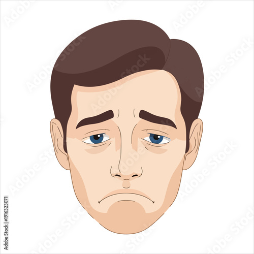 Illustration of a man's face with a frowning expression, blue eyes, and brown hair, viewed from the front