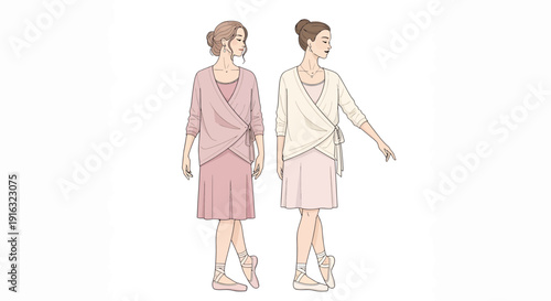 Two women in ice skating dresses artistic fashion illustration.