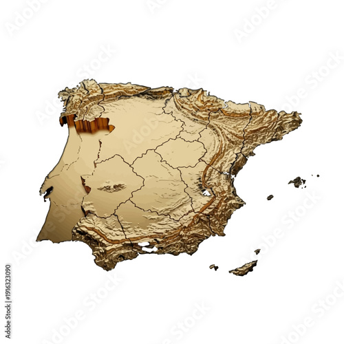 Detailed 3D Relief Map of Spain with Geographical Contours on an Isolated White Background