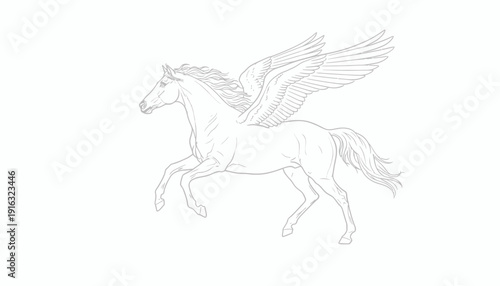 Mythical Pegasus Horse Line Art Drawing, Majestic Winged Creature Outline