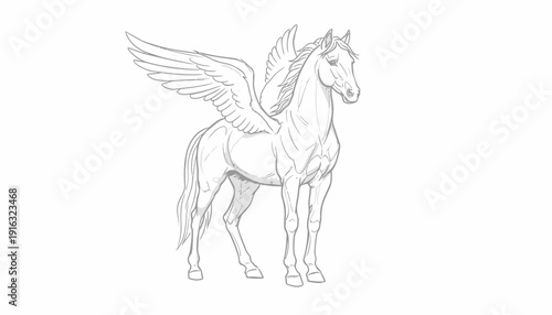 Mythical Pegasus Horse with Majestic Wings, Line Art Drawing, Fantasy Creature