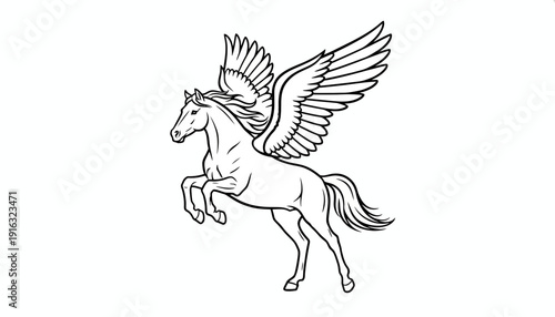 Mythical Pegasus Horse with Majestic Wings, Outline Drawing, Fantasy Creature