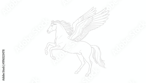 Mythical Pegasus Horse with Majestic Wings, Outline Drawing, Fantasy Creature