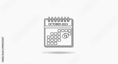 October 2023 Calendar Page with Date 15 Marked, Simple Line Art Icon