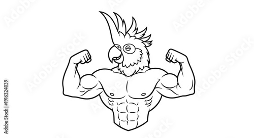 Muscular Cockatoo Bodybuilder Flexing Biceps, Funny Animal Fitness Concept