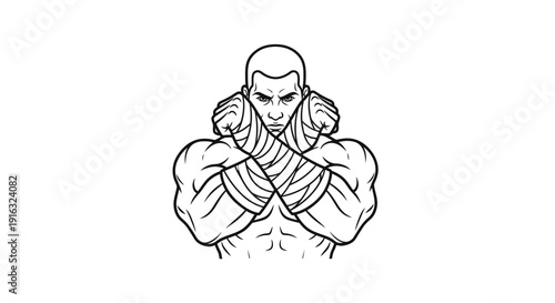 Muscular Fighter with Bandaged Arms Crossed, Ready for Combat