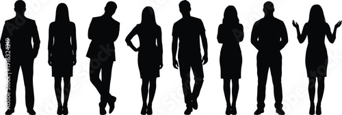 Group of diverse business people silhouettes standing in different poses, black isolated human figures collection on white background
