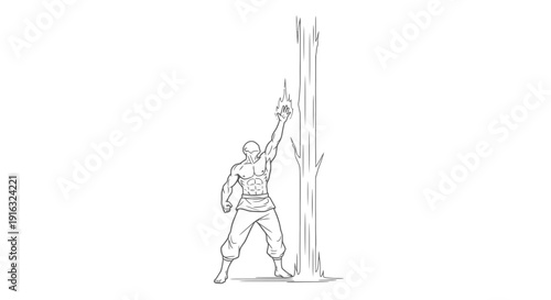 Muscular Man Reaching for Glowing Object on Tree Trunk, Fantasy Warrior Concept