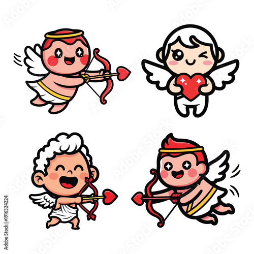Cute Cupid Angel Characters with Bow and Heart Set