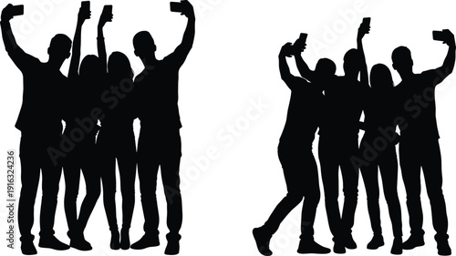 Group of friends taking selfie with smartphones silhouette, young people celebrating together social media lifestyle concept illustration