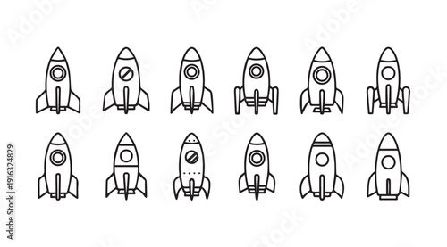 Rocket Ship Icons Collection Simple Outline Design Space Exploration Concept Vector Stock Illustration