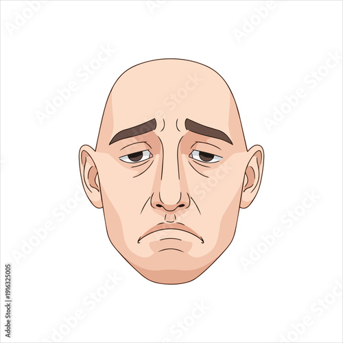 Illustration of a bald man's face with a serious expression, viewed from the front, showcasing facial features and emotions.