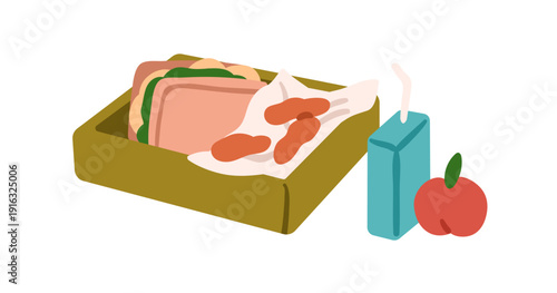 Lunch box with sandwich, juice and apple. Homemade food, school snack in lunchbox, drink and fruit. Healthy meal, nutrition, eating. Flat vector illustration isolated on white background