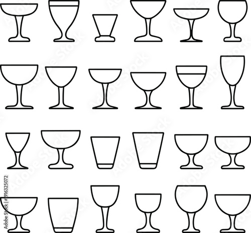 Minimal drinkware glass icon set, assorted wine cocktail beer goblet tumbler beverage cup outline collection vector illustration pack
