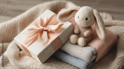 Charming baby gift setting with soft textiles and a cuddly bunny