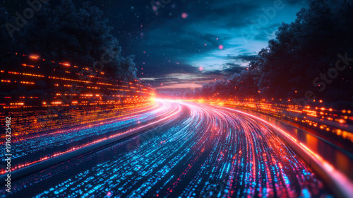 Digital data flow on road in concept of cyber global communication and coding with graphic creating vision of fast speed transfer to show agile digital transformation