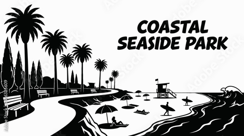 coastal seaside park landscape outdoor recreation nature black and white palm trees pathway environment public beach travel leisure scenic