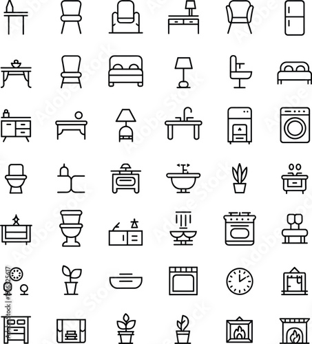 Modern home furniture and household appliance line icon set, interior living room bedroom kitchen bathroom minimal outline collection